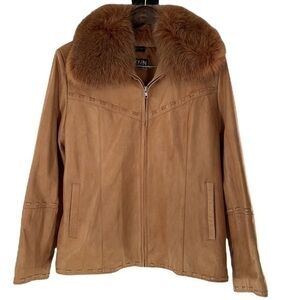 NEW CHOSEN Couture Collection Camel Brown fox fur lambskin leather jacket